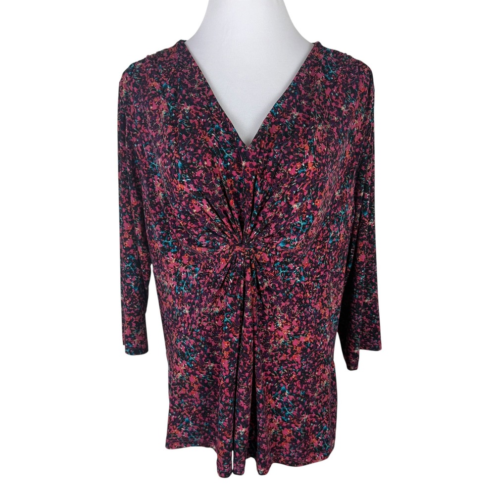 Daisy Fuentes Women's 2X Twist Front V-Neck Top Rose Combo Abstract Print